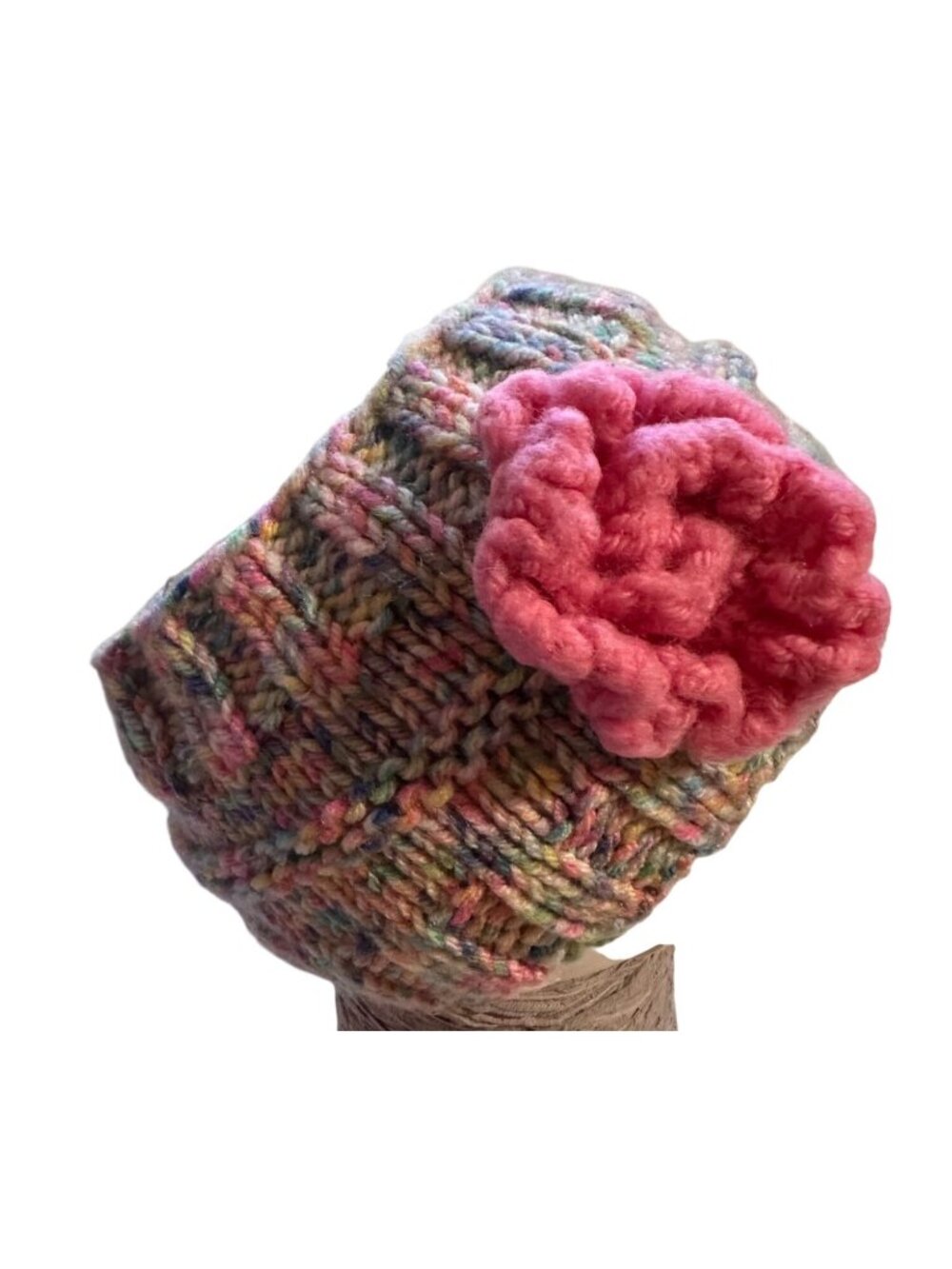 Handmade Multicolor Knit Ear Warmer With Pink Crochet Flower Accent - Picture 2 of 5
